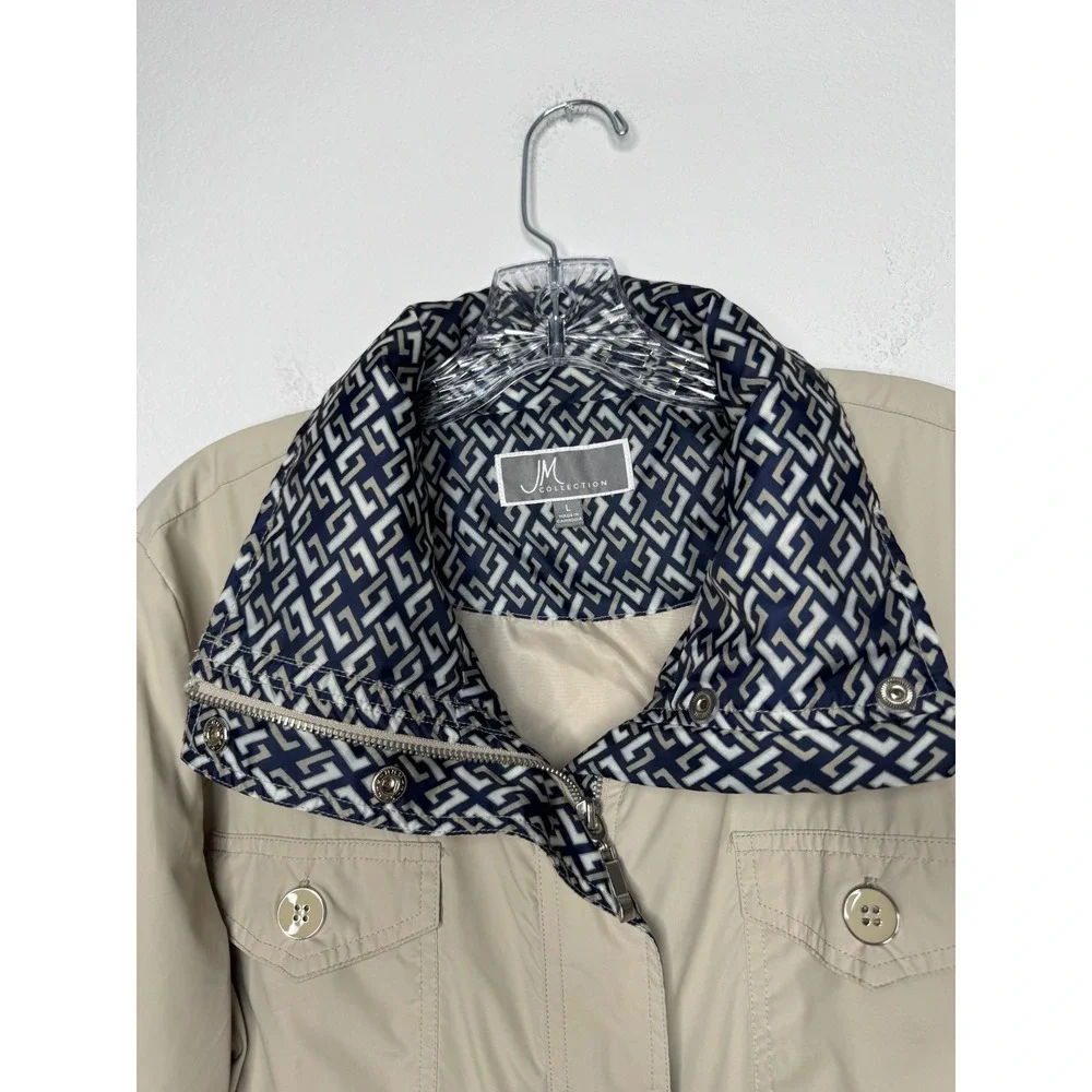 JM Collection Womens Tan Khaki Hooded Utility Rain Jacket Contrast Trim Size‎ L